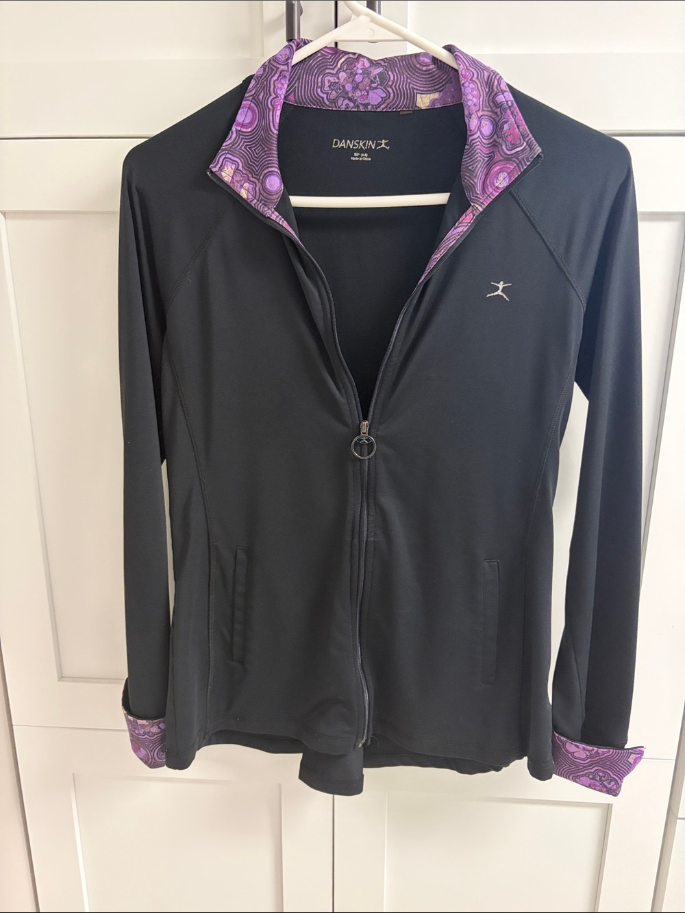 Danskin Black Zip-Front Jacket with Purple Patterned Trim